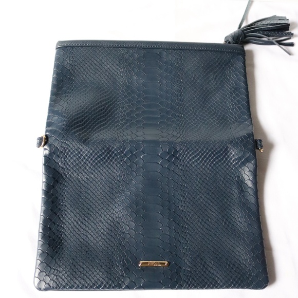 Gigi New York Navy Leather Foldover Crossbody Shoulder Purse Clutch Python Snake - Picture 5 of 9